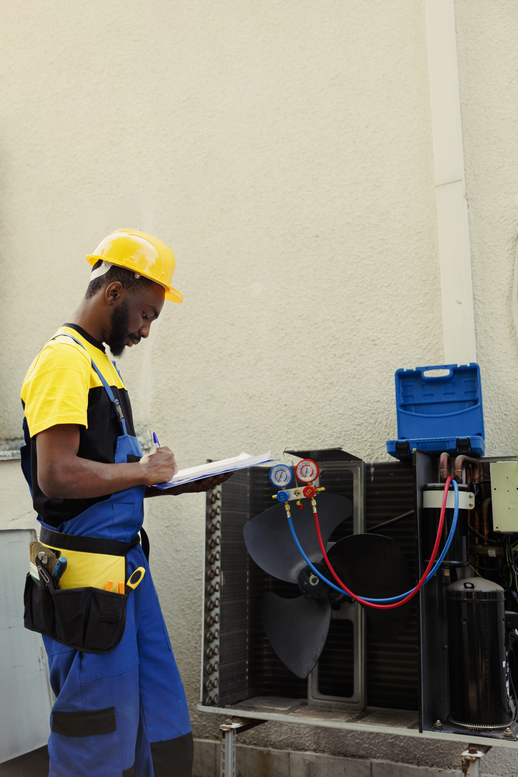 Certified technician doing inspection of freon levels and necessary repairs to prevent major breakdowns. Seasoned mechanic troubleshooting hvac system, writing findings on clipboard