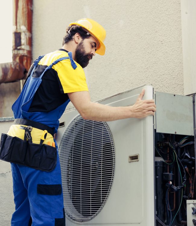 Certified technician contracted to fix broken air conditioner, dismantling condenser front coil panel to check faulty internal components. Electrician opening hvac system to check for improper wiring
