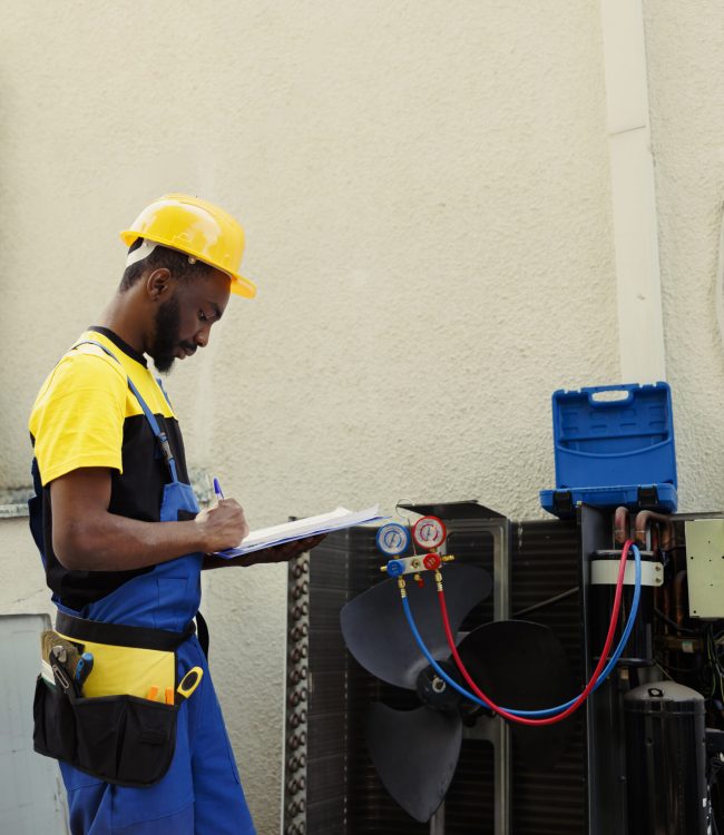 Certified technician doing inspection of freon levels and necessary repairs to prevent major breakdowns. Seasoned mechanic troubleshooting hvac system, writing findings on clipboard